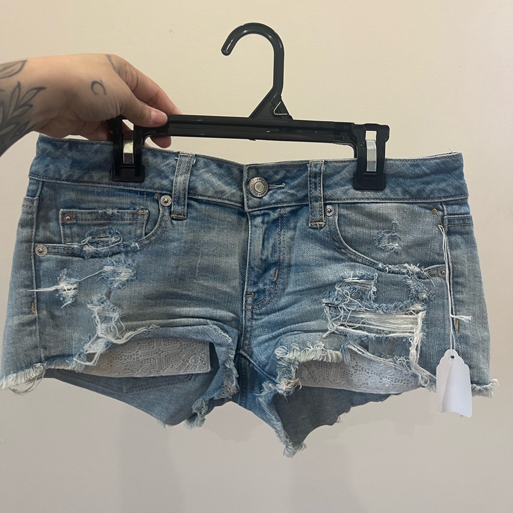 American Eagle Outfitters Light Blue Distressed Denim Shorts with Lace Inset